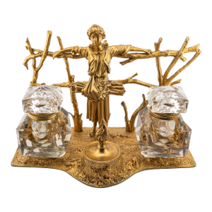 Early 20th Century Reproduction Gilt Bronze Hand-Cut Crystal Inkwell After Demetre H.Chiparus
