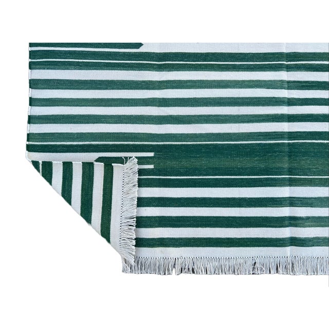 Casa Cosima Not Yet Made - Made To Order Handmade Cotton Natural Vegetable Dyed Reversible Forest Green White Striped Rug Dhurrie - 8'x10' For Sale - Image 4 of 11