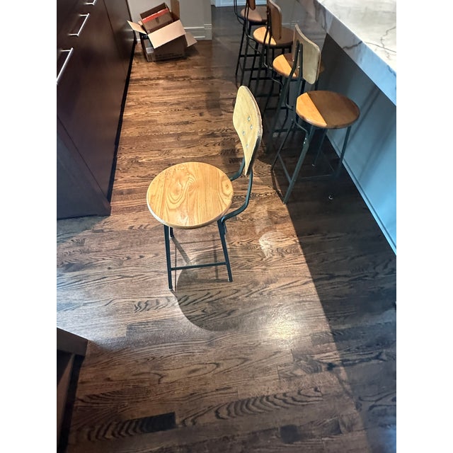 Mid 20th Century 5 Vintage Industrial Counter Height Wood and Steel Stools , a Set For Sale - Image 5 of 10