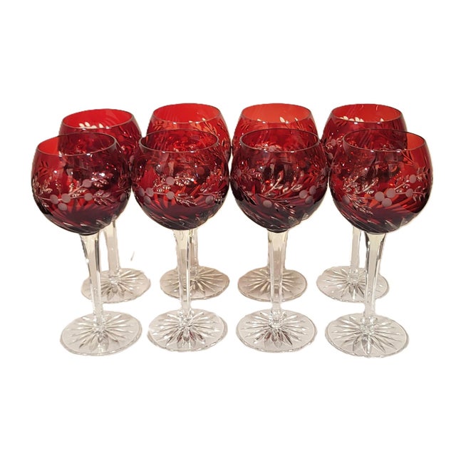 Ruby Red Cut to Clear Crystal Bohemian Style Wine Glass Goblets - Set of 8 For Sale In New York - Image 6 of 14