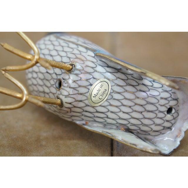 Vintage Chinese Brass Cloisonne Enamel Bird Figurine on Wood Stand 5" For Sale - Image 12 of 13