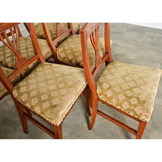 A fabulous set of carved oak Biedermeier-style chairs from Sweden, early 19th century, with soft cut-velvet seats to...