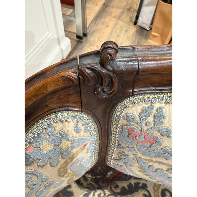 Early 20th Century Petite Needlepoint Bergère Chair With Intricately Carved Walnut Frame For Sale - Image 10 of 12