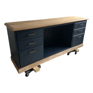 Refinished Solid Cherry Wood 72” Storage Credenza / Tv Console – Dark Navy For Sale