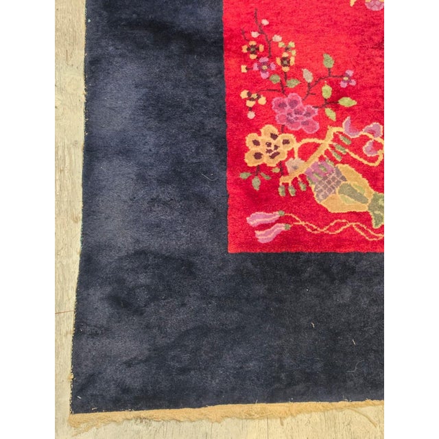 Early 20th Century Antique Chinese Art Deco Red and Navy Blue Floral Wool Rug For Sale - Image 5 of 7