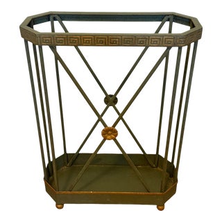 Vintage Green and Gilded Tole Greek Key Umbrella Stand For Sale