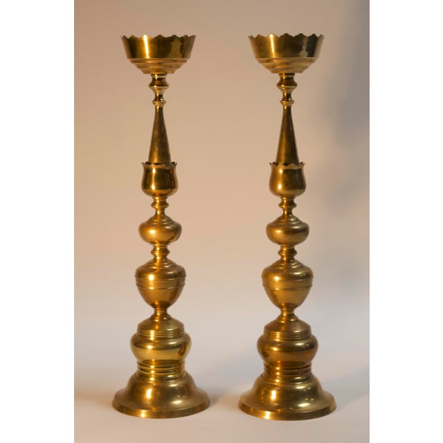 Rococo Vintage Monumental Brass Candlesticks- a Pair For Sale - Image 3 of 3