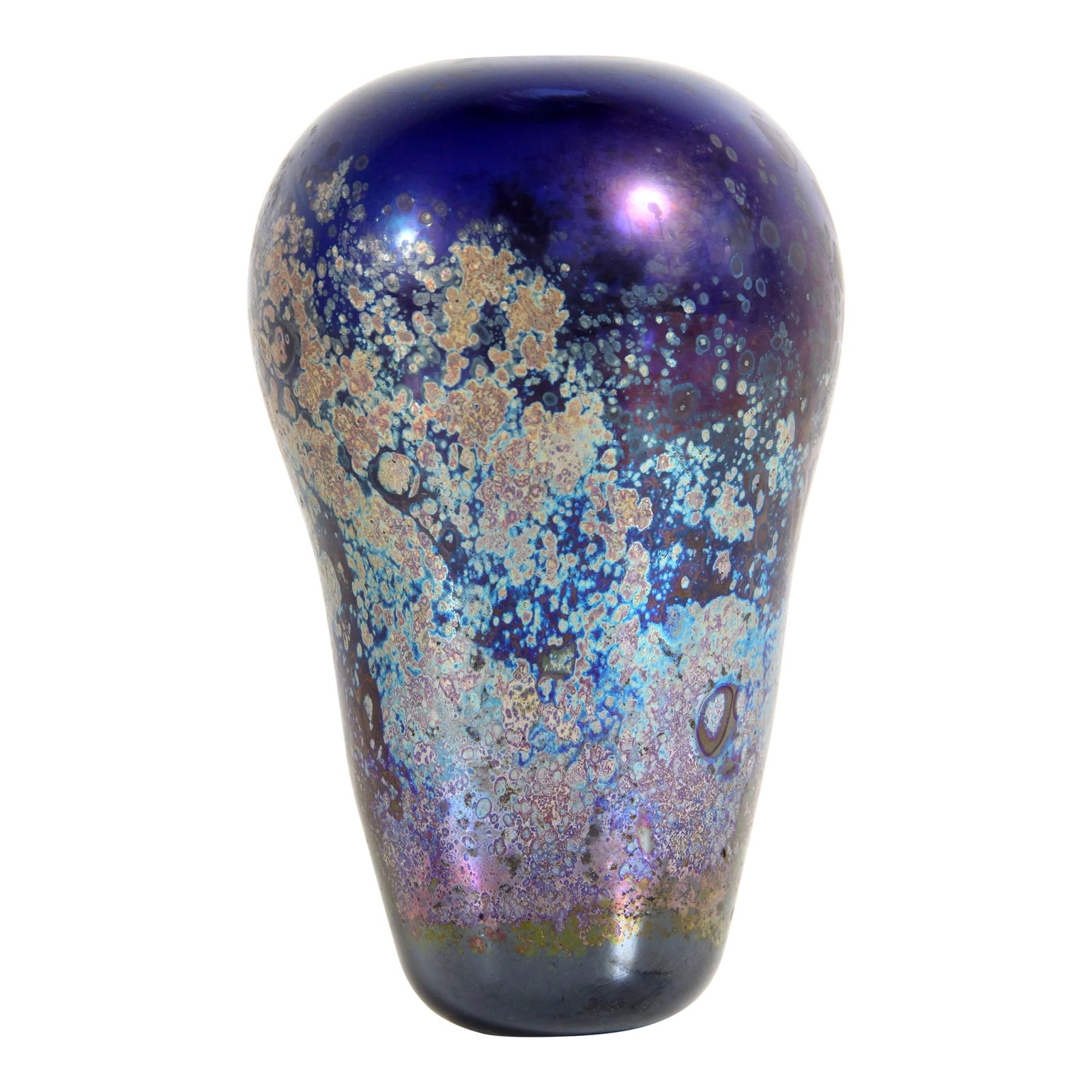 Vintage 1980's Studio Art Glass Cobalt Blue Vase With Metallic Lustre Glaze