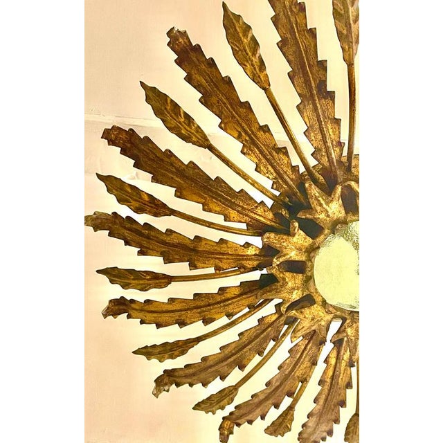 Large Spanish Sunburst Flush Mount in Gilt Metal with Support, 1950 For Sale - Image 4 of 8