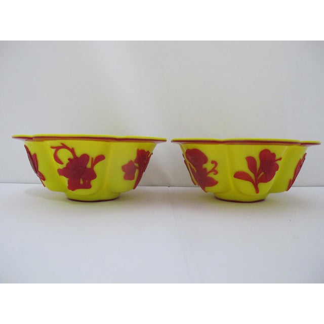 Chinese Imperial Yellow Peking Glass Lobed Bowl Pair With Red Floral Overlay For Sale - Image 4 of 12