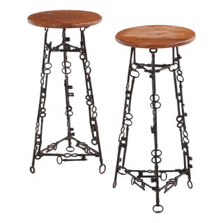 Pair of Artist-Made Iron and Oak Stools, C 1960 For Sale