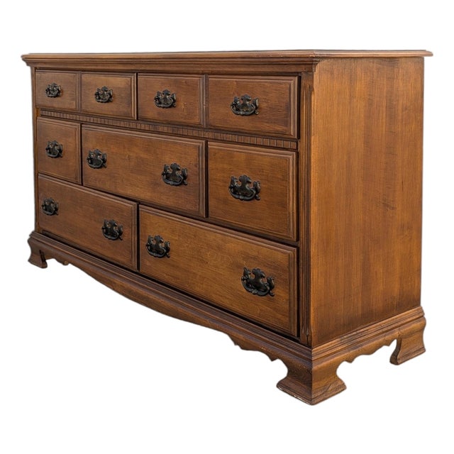 Vintage Traditional Nine-Drawer Wood Dresser With Bracket Feet For Sale