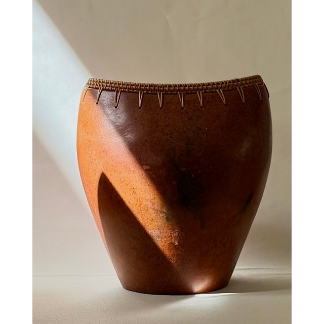 Pair of Vintage Indonesian Ceramic Vessels With Hand-Woven Rattan Rim For Sale - Image 12 of 18