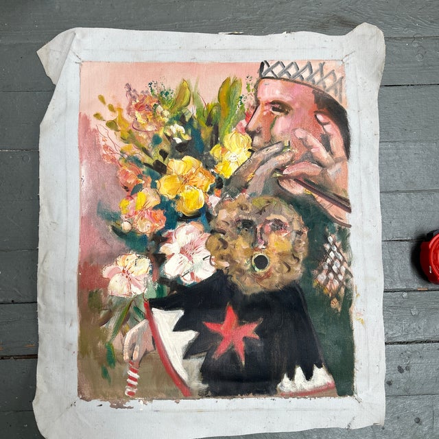 1950’s Abstract Expressionist Surrealist Figures & Flowers Painting on Canvas For Sale - Image 4 of 5
