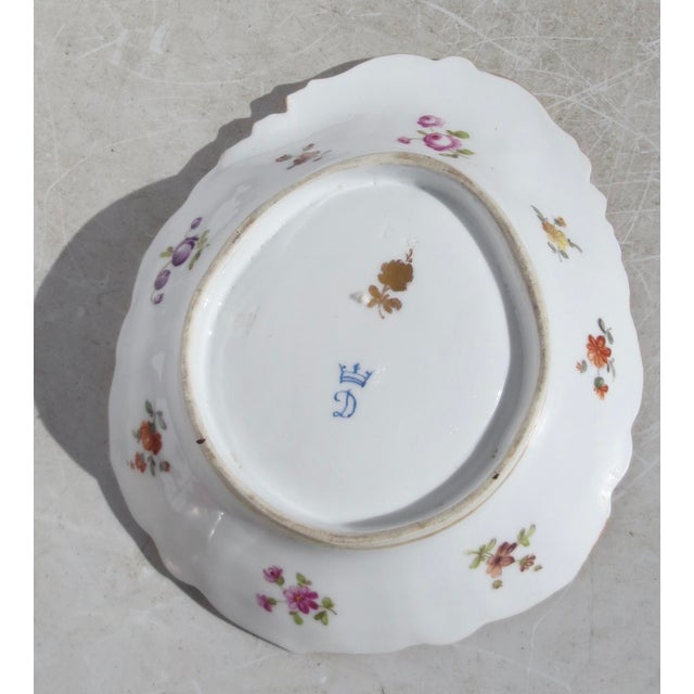 Dresden porcelain shallow bowl with extensive painted design. Gilt edges with floral bouquets and sprigs around a shell-...