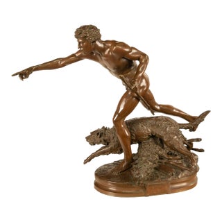 Monumental French Figurative Bronze Statue 'Au Loup' Shepherd Dog Sheep Hunting by Louis-Auguste Hiolin, 1874 For Sale