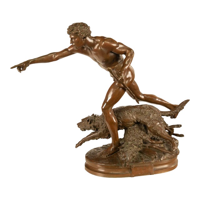 Monumental French Figurative Bronze Statue 'Au Loup' Shepherd Dog Sheep Hunting by Louis-Auguste Hiolin, 1874 For Sale