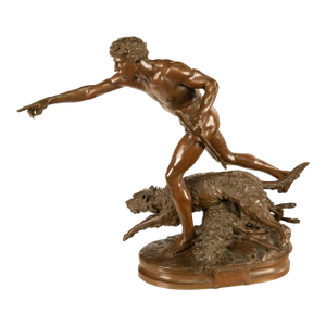Monumental French Figurative Bronze Statue 'Au Loup' Shepherd Dog Sheep Hunting by Louis-Auguste Hiolin, 1874