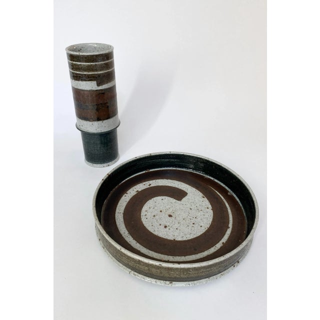 Set of 1970s Stoneware Vase and Large Plate by Inger Person for Rörstrand. Gorgeous raw brutalist style in blue, brown and...