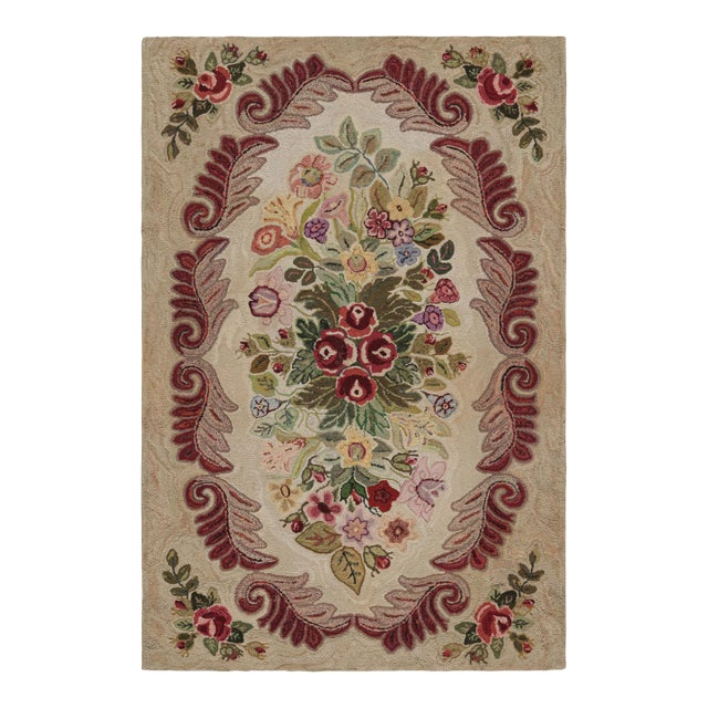 Antique Hooked Rug in Beige-Brown With Colorful Floral Patterns From Rug & Kilim For Sale