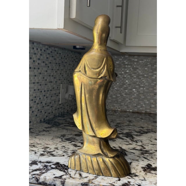 Vintage Cast Brass Guanyin Figure on Fish and Wave Base For Sale - Image 4 of 9