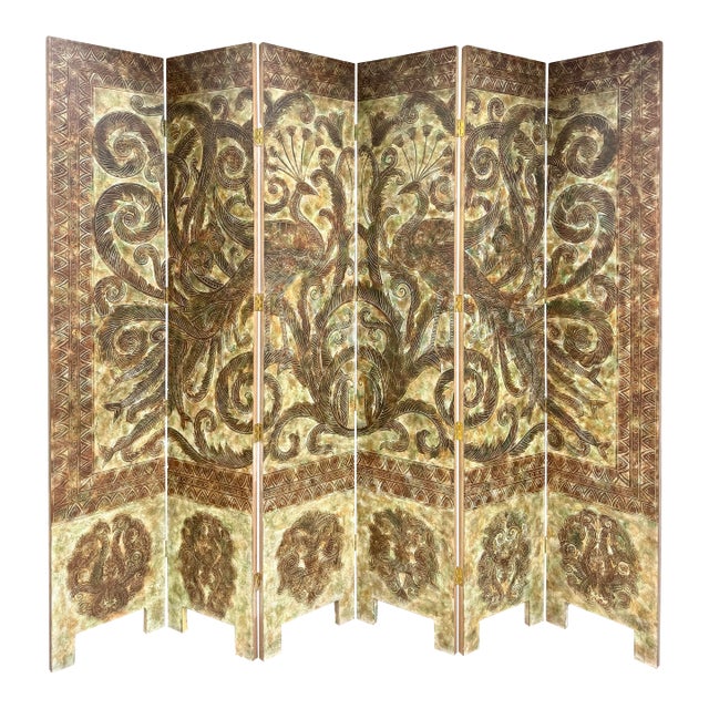 1970s Signed Peacock Relief 6-Panel Folding Screen by K. Walton 12/100 For Sale