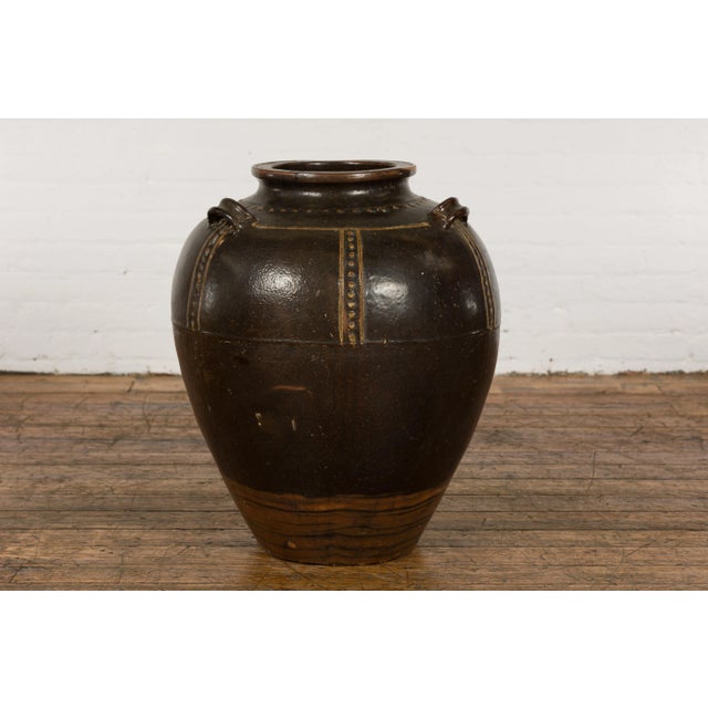 Thai Brown Glazed Ceramic Vase with Loop Handles and Cream Dotted Décor For Sale - Image 4 of 13