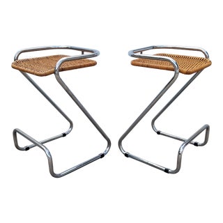 1970s Vintage Italian Mariani Attribute Sculptural Chrome and Woven Wicker Bar Stools- a Pair For Sale