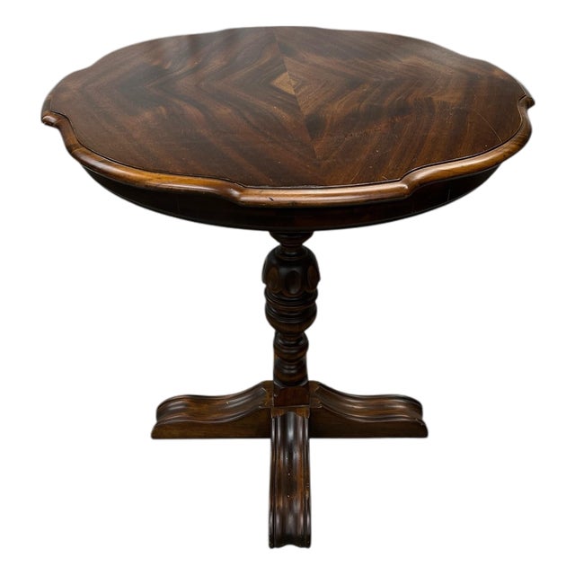 Antique Burl Walnut Wood Scalloped Edge Pedestal Table For Sale