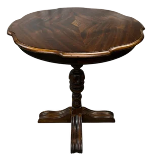 Antique Burl Walnut Wood Scalloped Edge Pedestal Table