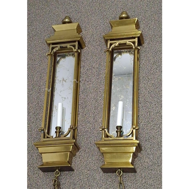 French Mid 20th Century French Bronze and Gilt Mirror Pagoda Form Half Lentern Wall Sconces - a Pair For Sale - Image 3 of 12
