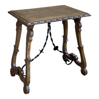 19th Century Spanish Side Table With Hand Carved Lyre Leg and Iron Stretcher For Sale