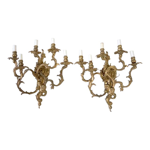 19th Century French Rococo 5 Arm Wired Wall Sconces - A Pair For Sale