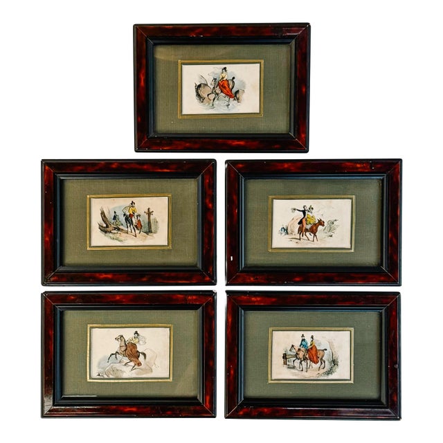 French Antique Hand-Colored Equestrian Miniature Color Etchings in Faux Tortoiseshell Frames - Set of 5 For Sale