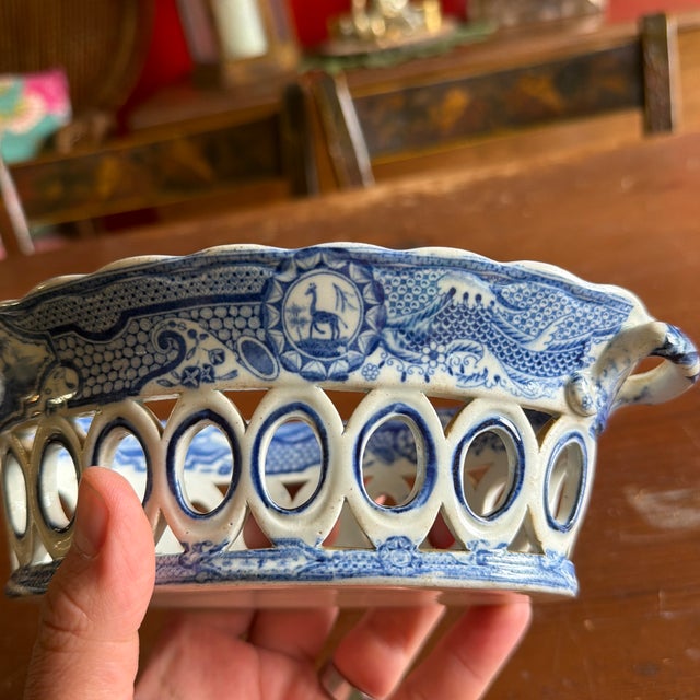 Blue Antique Staffordshire Pearlware Blue Transfer "Gothic Castle" Chestnut Basket, Attributed to Spode, Circa 1820s For Sale - Image 8 of 12