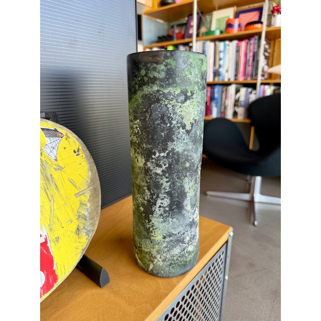 Mid-Century Modern Vintage Murano Scavo Corroso Glass Cylinder Vase Acid Green and Yellow For Sale - Image 3 of 15