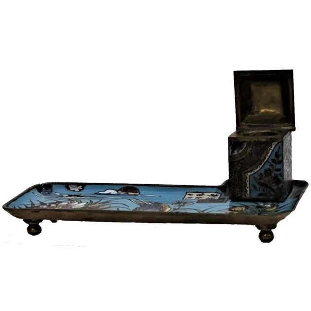 Chinese Art Deco Enameled Bronze Inkwell w/ Bird and Flower Motif, ca. 1920 For Sale - Image 4 of 9