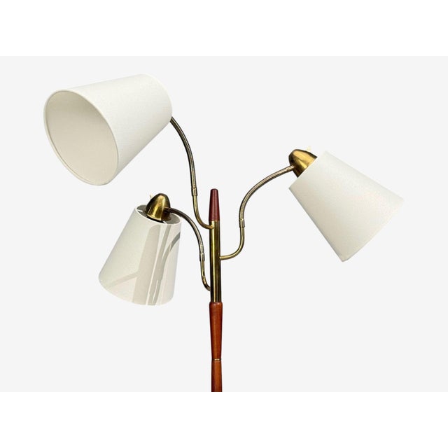 Swedish Modern, Adjustable Floor Lamp, Teak, Brass, Fabric, Sweden, 1970s For Sale In New York - Image 6 of 12