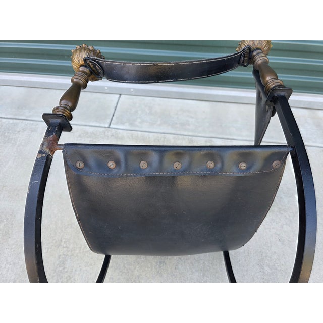 Vintage Italian Curule Savonarola Armchair in Black Leather Brass & Iron For Sale - Image 11 of 17
