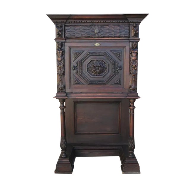 Italian Antique Carved Oak Figural Drop Cabinet C. 1880 For Sale