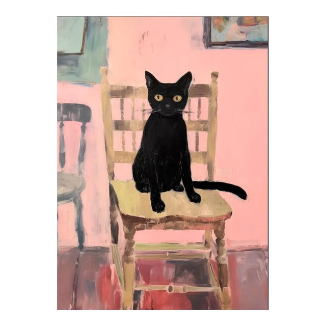 This art print, titled "Contemplative Black Cat on Chair," presents a charming black feline perched atop a wooden chair,...