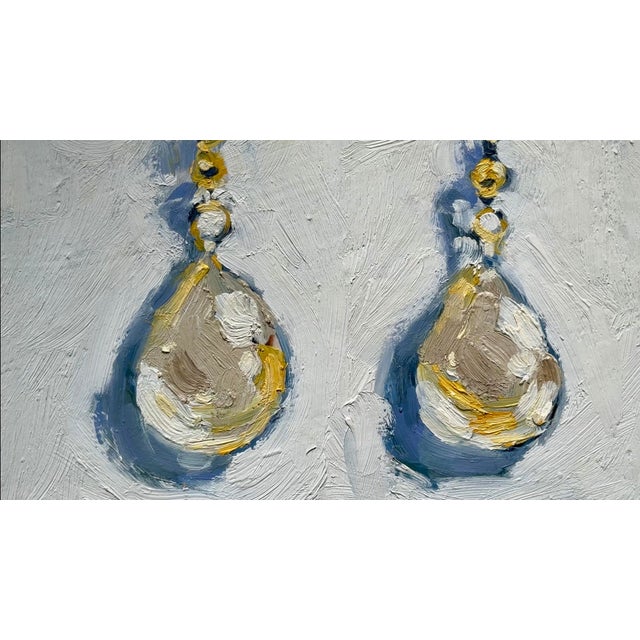 Delicate pearl drop earrings are captured with rich impasto brushwork in this original oil painting. Thick, expressive...