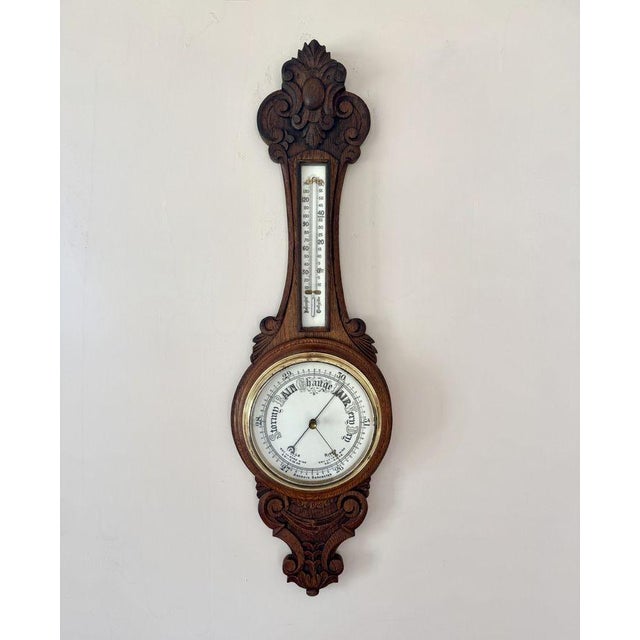Metal Antique Edwardian Carved Oak Aneroid Barometer, 1900s For Sale - Image 7 of 7