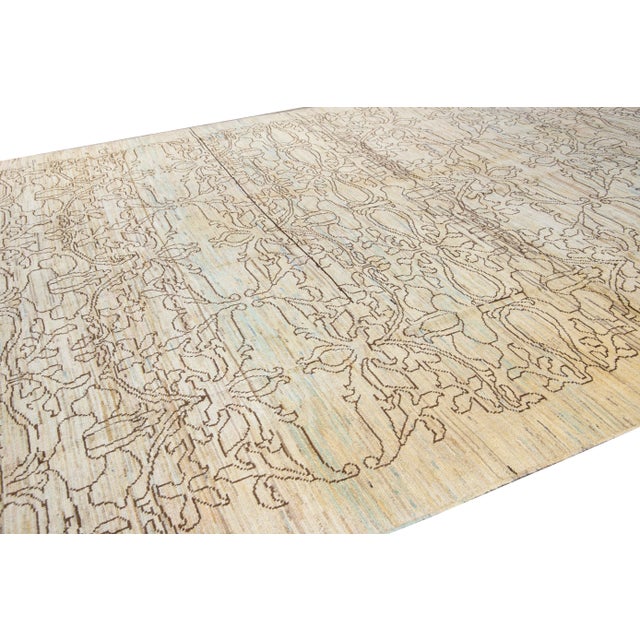 Textile Modern Oushak Handmade Tribal Beige Wool Rug For Sale - Image 7 of 9