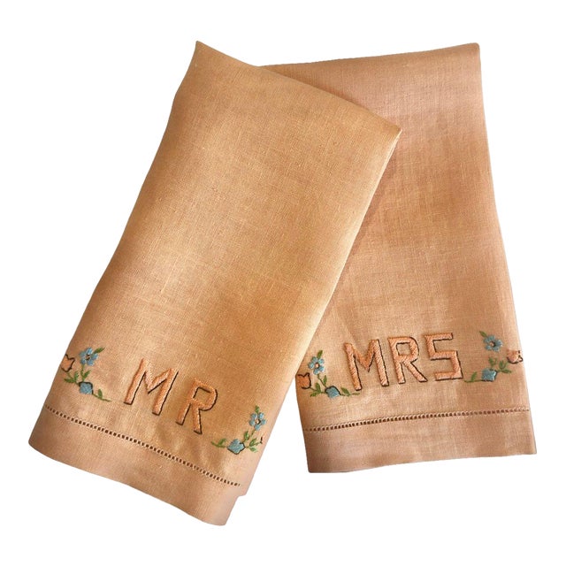 Vintage Mr & Mrs Embroidered Linen Towels Set Blush Apricot Monogram Floral Boudoir Hand Towels For Sale