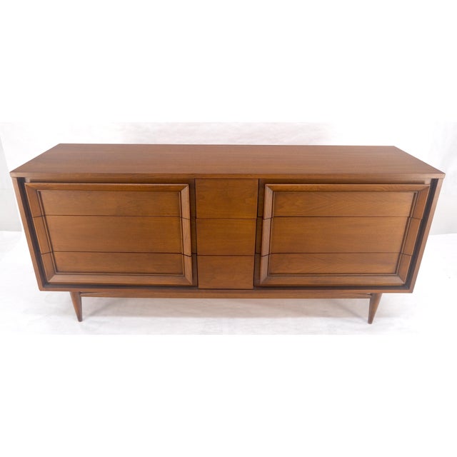 Mid Century Modern Sculpted Walnut 68" Long 9 Drawers Dresser Credenza MINT For Sale - Image 6 of 13