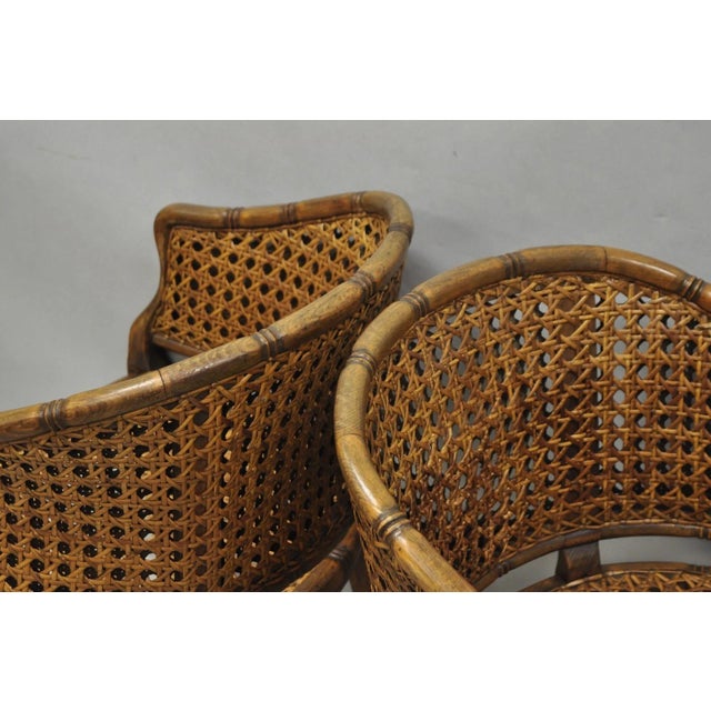Vintage Hollywood Regency Faux Bamboo Wood & Cane Barrel Back Lounge Chair, Pair For Sale - Image 13 of 15