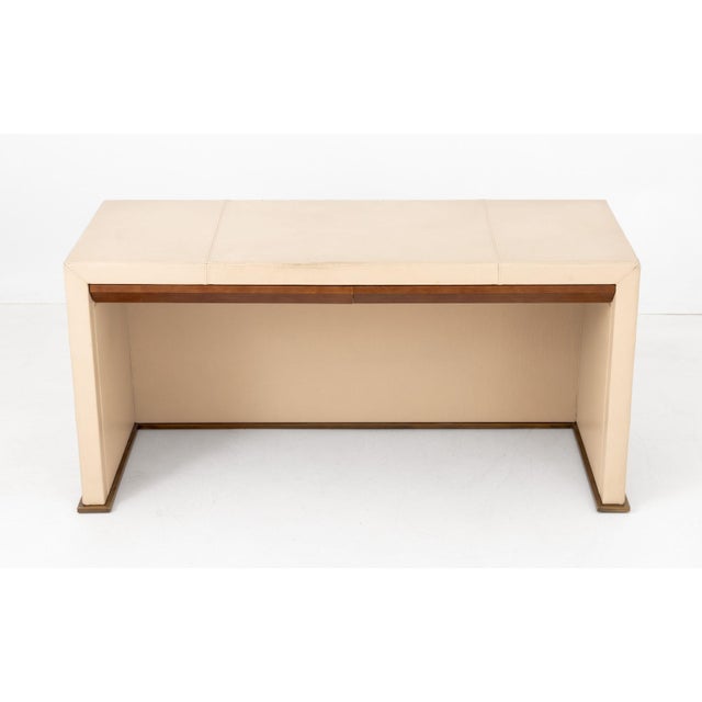 Promemoria Cream Leather Covered Writing Desk, with two wood drawers mounted on brass base, "Promemoria" label to...