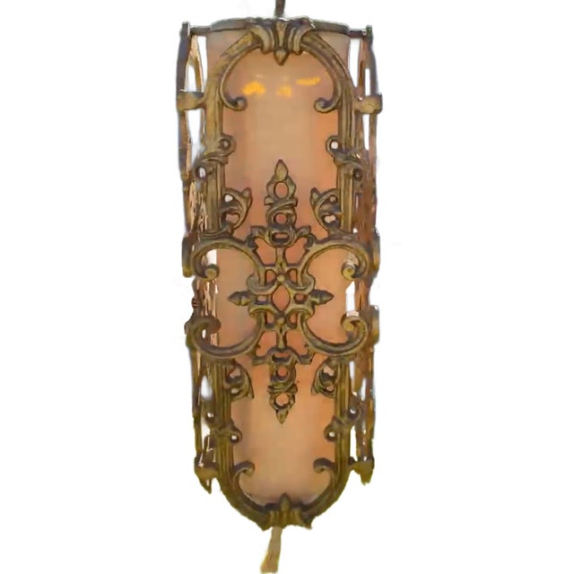 Spanish Revival 1960sSpanish Revival/ Hollywood Regency Metal and Gilt Pendant Lamp For Sale - Image 3 of 5