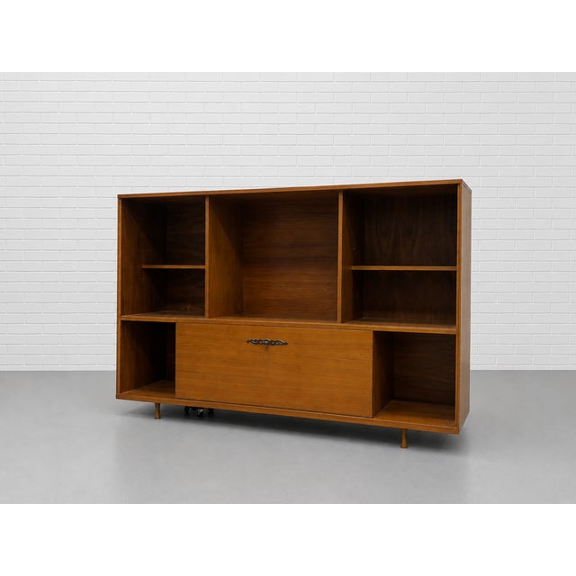 1960s Mid Century Modern Liquor Cabinet Bar | Walnut Bookcase Wall Unit, C. 1960's For Sale - Image 5 of 14